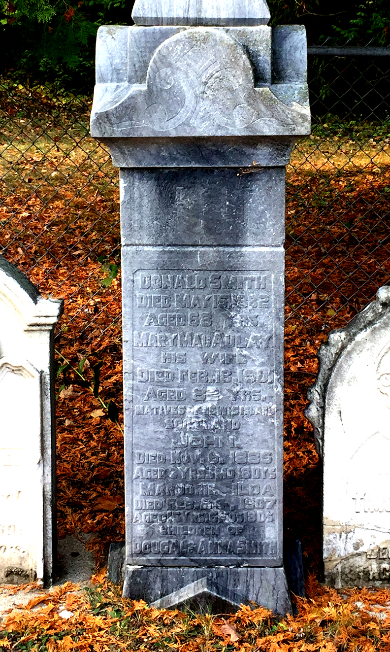 Photo of headstones/Donald Smith d1885 hdstn Southampton Pioneer cem Bruce Co ON